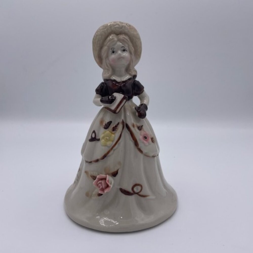 VTG BRINNS PORCELAIN BELL SOUTHERN BELLE w/FLORAL DRESS HAT~PGH PA TAIWAN 5.5"H